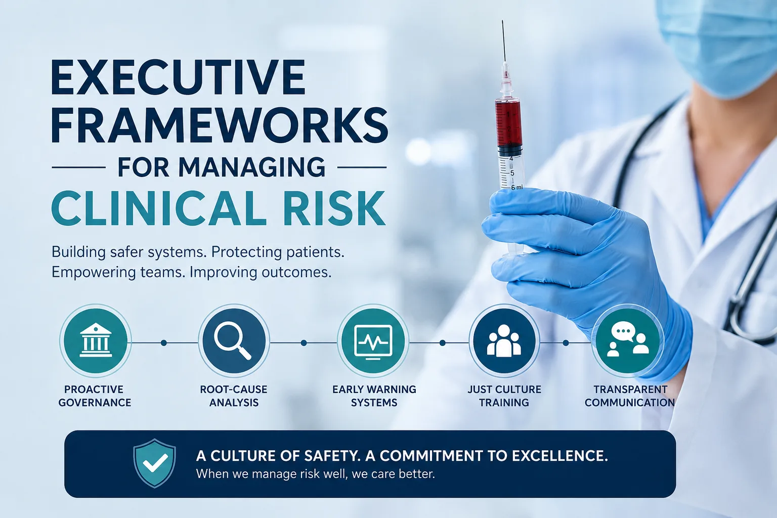 Executive frameworks for managing clinical risk, featuring a healthcare professional holding a syringe and icons representing governance, root-cause analysis, early warning systems, just culture training, and transparent communication.